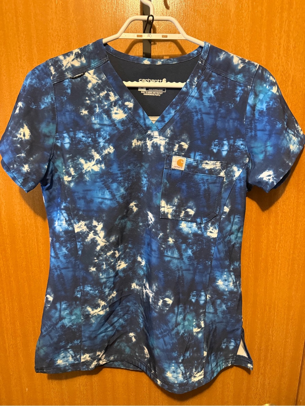 Carhartt Navy and White Tie-Dye V-Neck Scrub Top